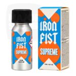 Flacon aluminium Iron Fist Supreme 24 ml à étiquette bleue et pastilles orange, avec sa boîte