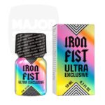 Flacon Iron Fist Ultra Exclusive 10 ml à bouchon noir motifé et étiquette arc-en-ciel, avec sa boîte