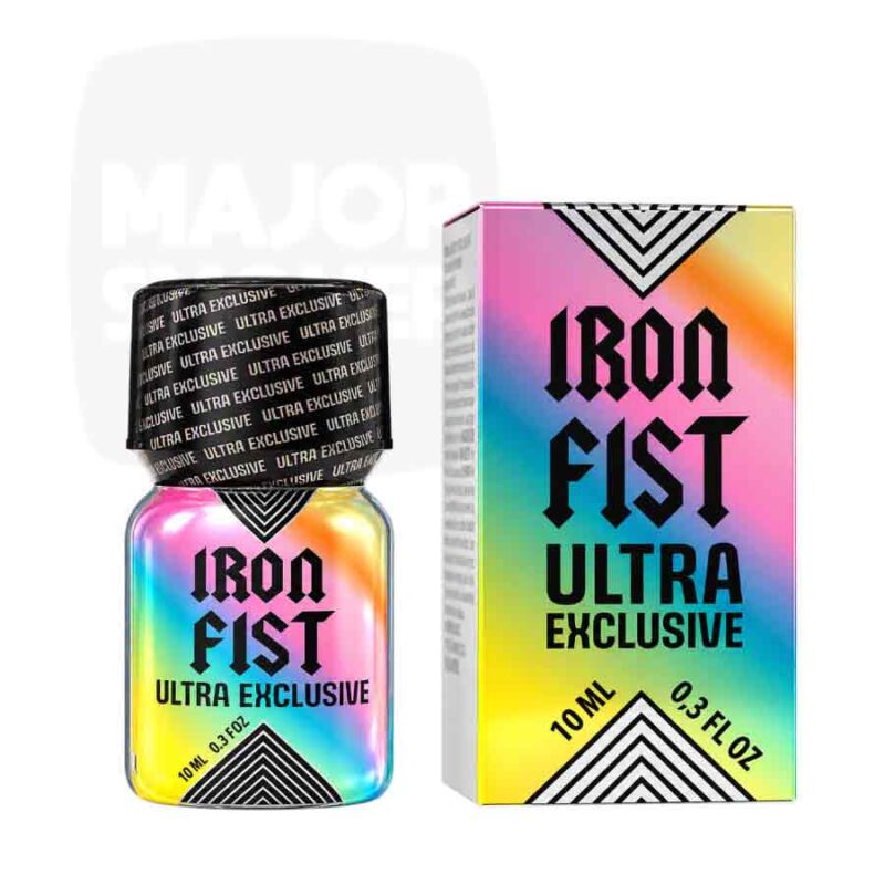 Flacon Iron Fist Ultra Exclusive 10 ml à bouchon noir motifé et étiquette arc-en-ciel, avec sa boîte
