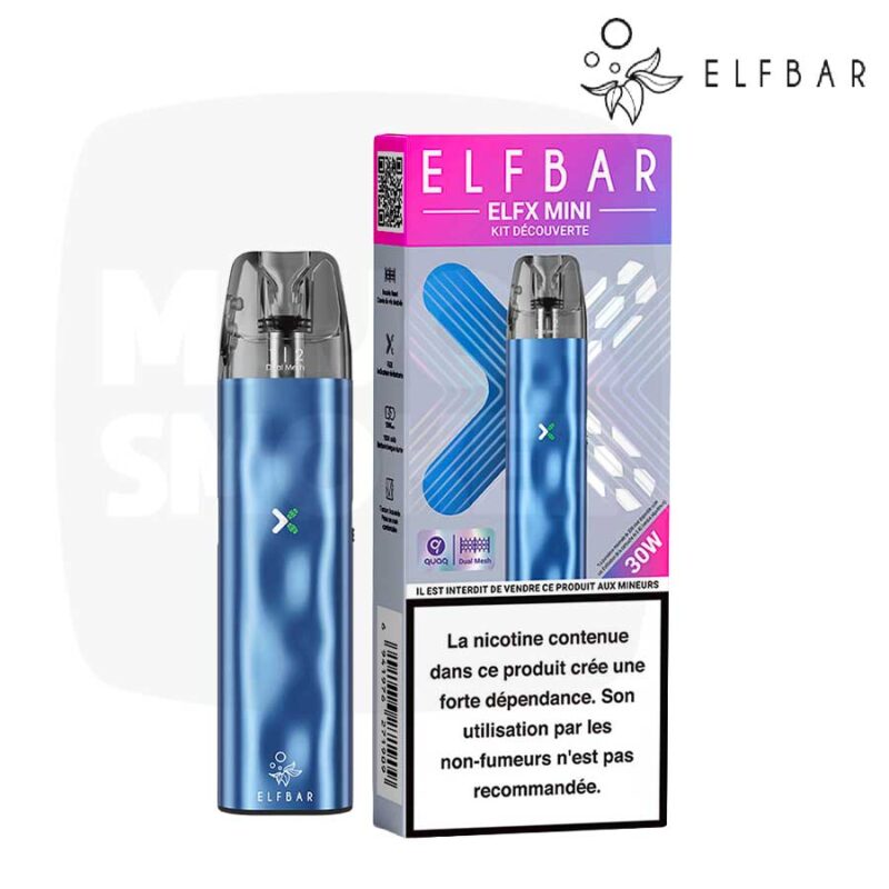 Kit découverte Elfbar ELFX Mini bleu métallisé 30 W avec sa boîte, pod Dual Mesh
