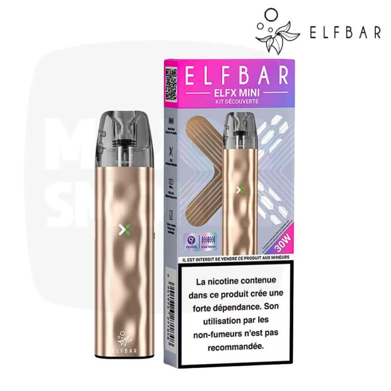 Kit découverte Elfbar ELFX Mini doré champagne 30 W avec sa boîte, pod Dual Mesh