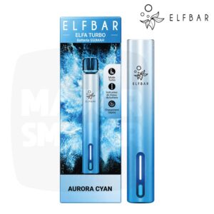 Batterie Elfbar Elfa Turbo 550 mAh Aurora Cyan, dégradé bleu glacier, avec sa boîte bleue