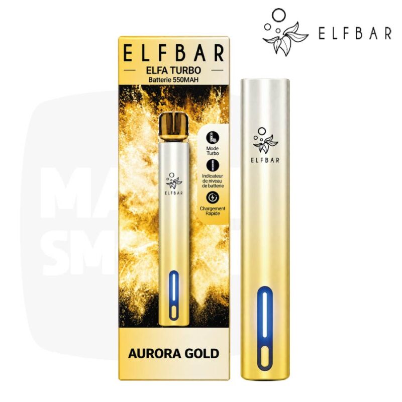 Batterie Elfbar Elfa Turbo 550 mAh Aurora Gold, finition dorée, avec sa boîte jaune