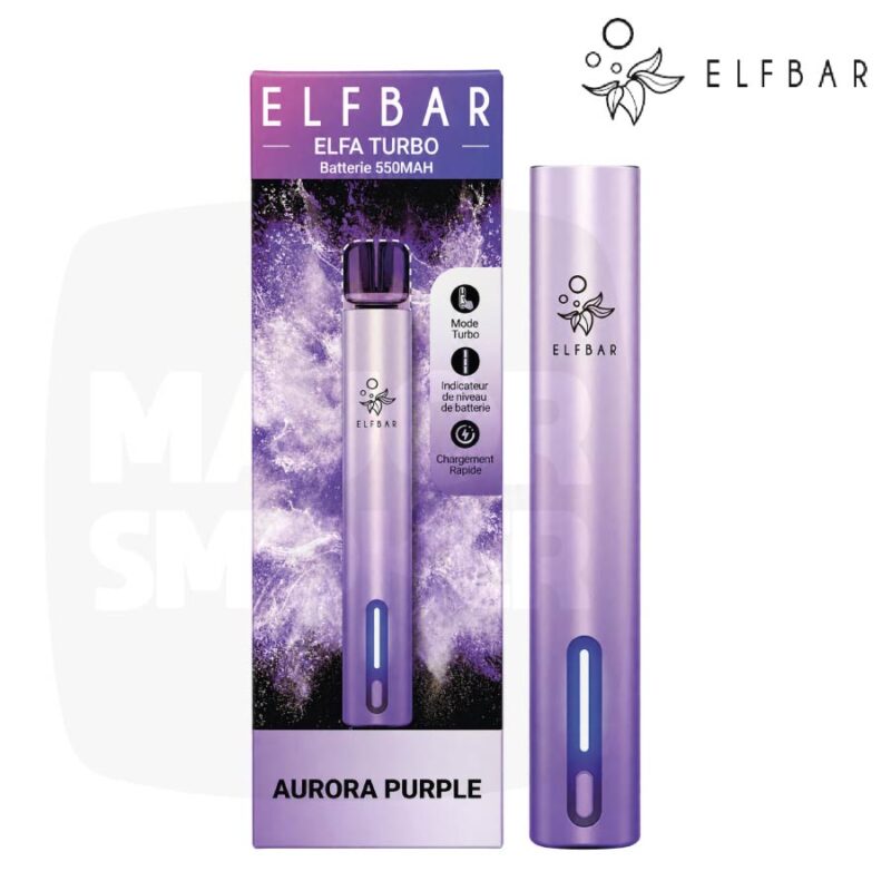 Batterie Elfbar Elfa Turbo 550 mAh Aurora Purple, finition violet lavande, avec sa boîte violette