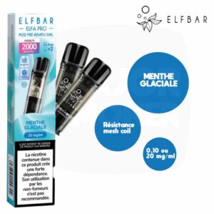 Paquet bleu glacier de 2 pods Elfbar Elfa Pro Menthe Glaciale, 2 ml, 20 mg/ml