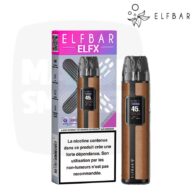Kit Elfbar ELFX Pro marron effet cuir avec écran Turbo 45 W et sa boîte, technologie Dual Mesh