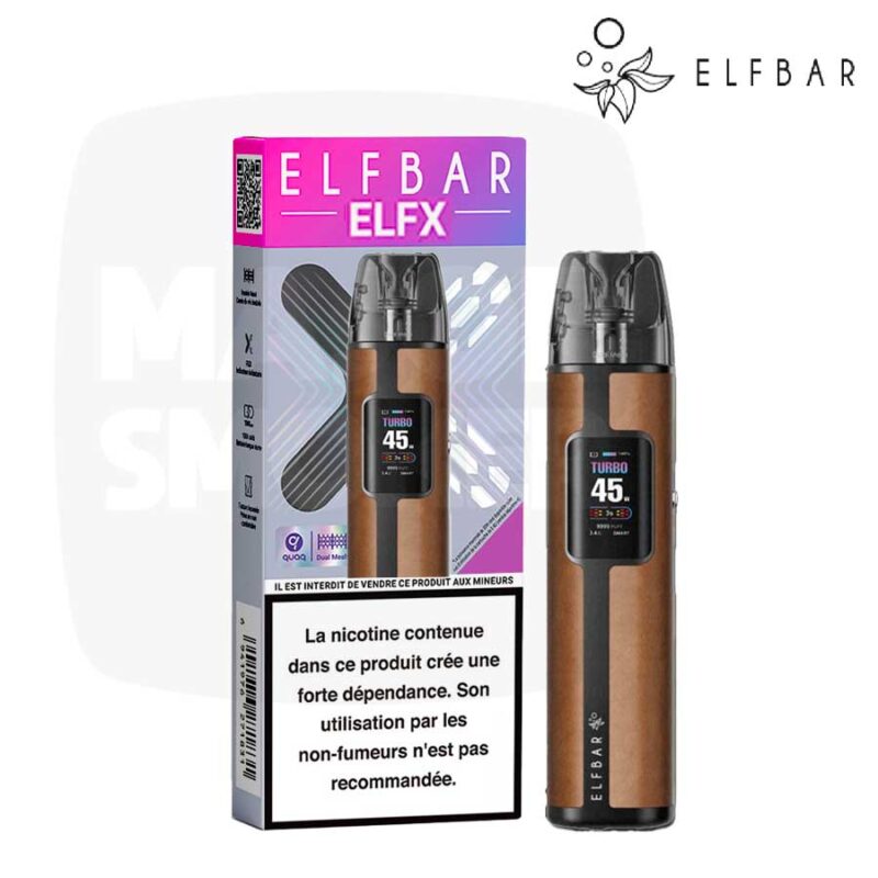 Kit Elfbar ELFX Pro marron effet cuir avec écran Turbo 45 W et sa boîte, technologie Dual Mesh
