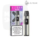 Kit Elfbar ELFX Pro gris clair avec bande noire et écran Turbo 45 W, à côté de sa boîte