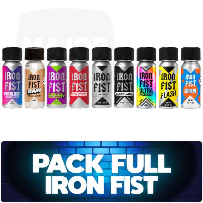 Pack Full Iron Fist : neuf flacons de la gamme alignés, de Starlight à Supreme, sur bandeau bleu