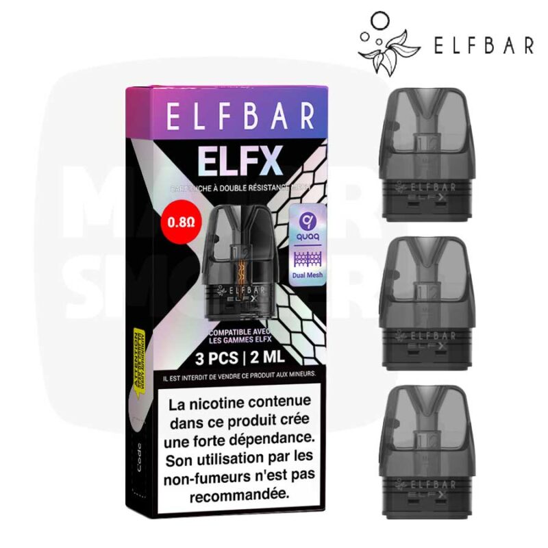 Boîte de 3 cartouches Elfbar ELFX 2 ml à double résistance mesh 0,8 Ω et 3 pods noirs