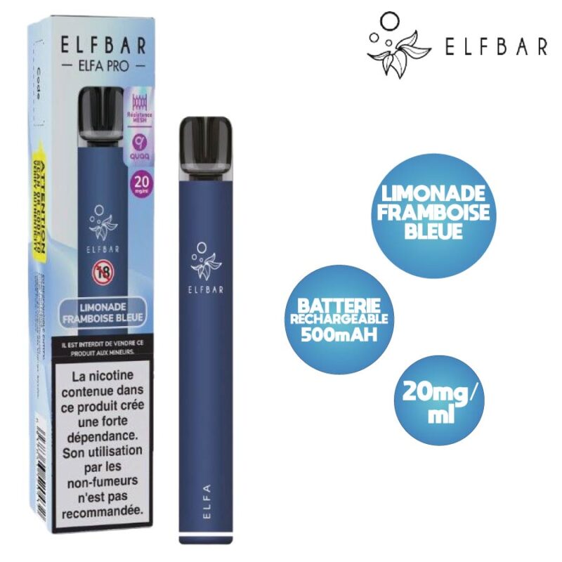 Kit Elfbar Elfa Pro Limonade Framboise Bleue avec batterie bleu marine et boîte bleue, 20 mg/ml